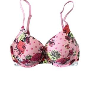 Victoria’s Secret 34D bra t-shirt push up full coverage roses floral pink